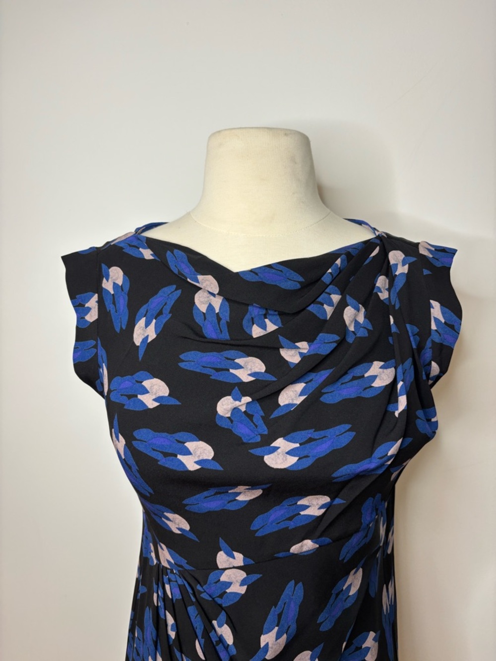 Diane von Furstenberg Black Silk Dress with Blue and Blush Print